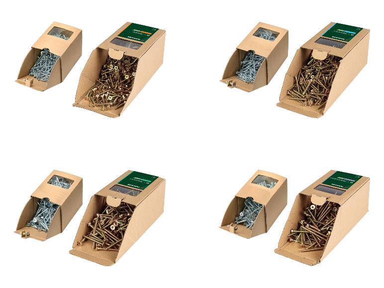 Vier Paare Parkside Schraubenboxen, zwei mit silbernen und zwei mit goldenen Schrauben.