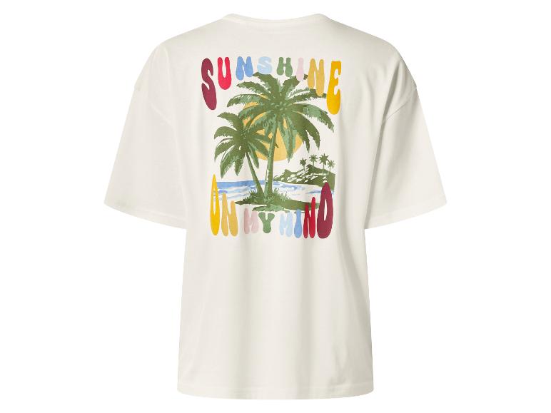 Cremefarbenes T-Shirt mit buntem Palmen-Print und dem Schriftzug „SUNSHINE ON MY MIND“.