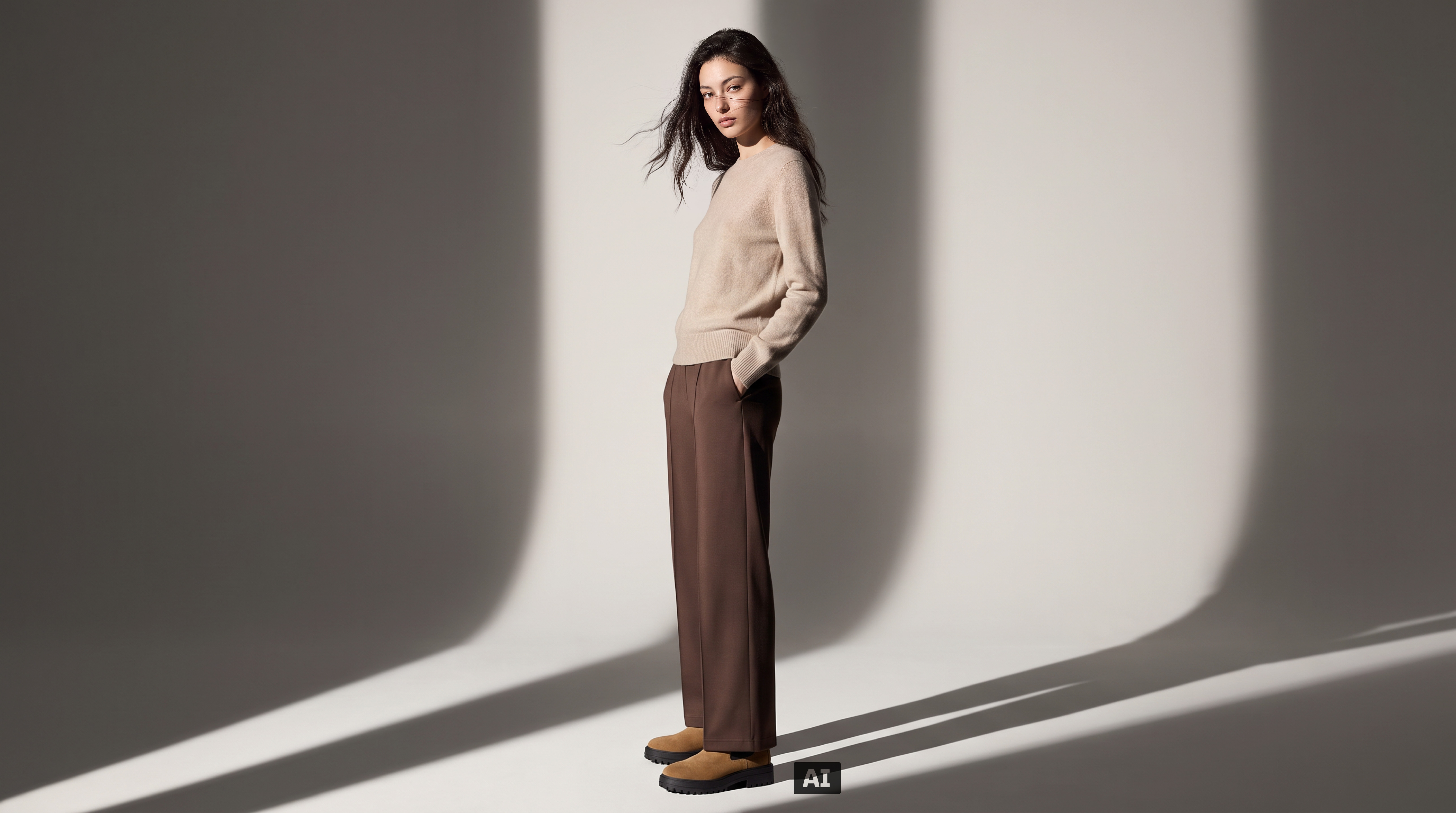 Dieses Bild ist KI-generiert: Ein weibliches Model trägt die Damen Wide-Leg Scubahose in der Farbe Braun.