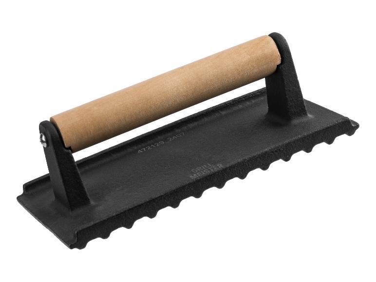 Grillmeister Burgerpresse aus Gusseisen mit Holzgriff.