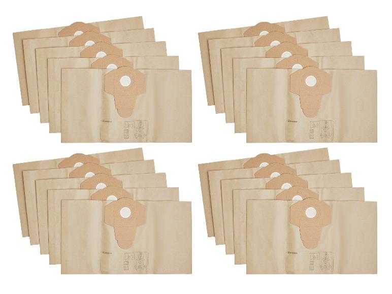 Vier Stapel Kraftpapier-Staubsaugerbeutel, mit sichtbaren Gebrauchsanweisungen.