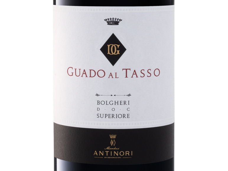 Eine Flasche Rotwein von Guado al Tasso, hergestellt von Marchesi Antinori.