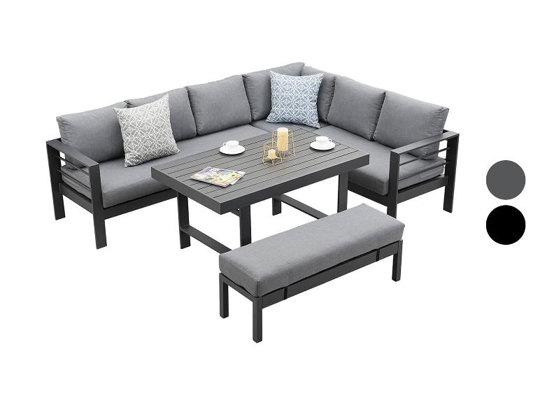Graue Outdoor-Ecklounge mit Kissen, Tisch und Bank
