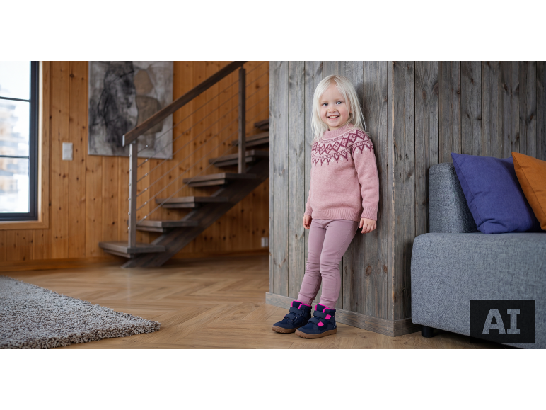 Mädchen in rosa Strickpullover, Leggings und Winterschuhen an einer Holzwand.