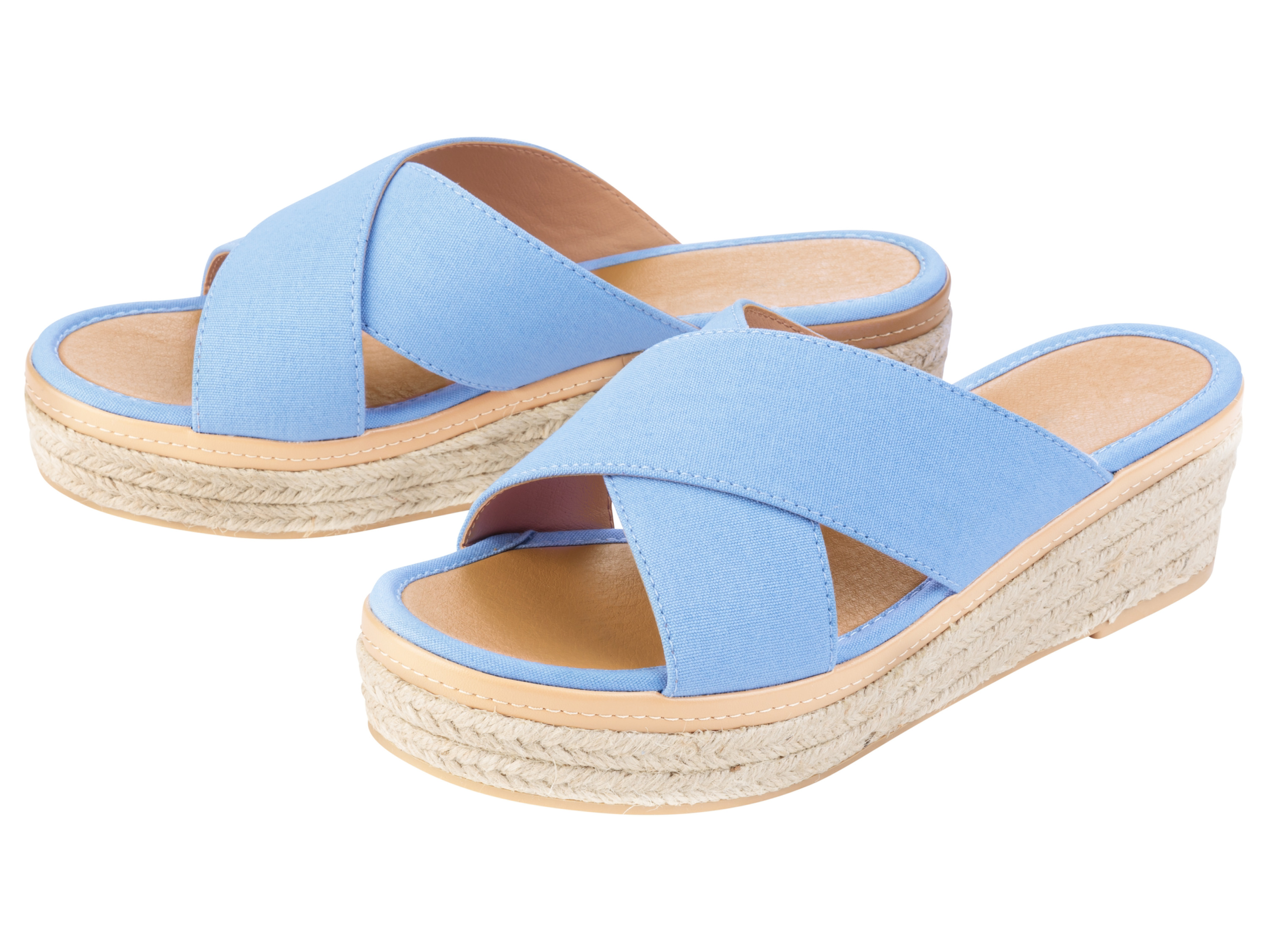 esmara® Damen Sandale Keilabsatz (Blau, 41)““ | blau Muster: – Detail: angenehmer Tragekomfort durch Obermaterial aus reiner Baumwolle Schuhweite: – Verschlussart: beige: Riemchen Absatzart: Keilabsatz Material: Obermaterial: Textil