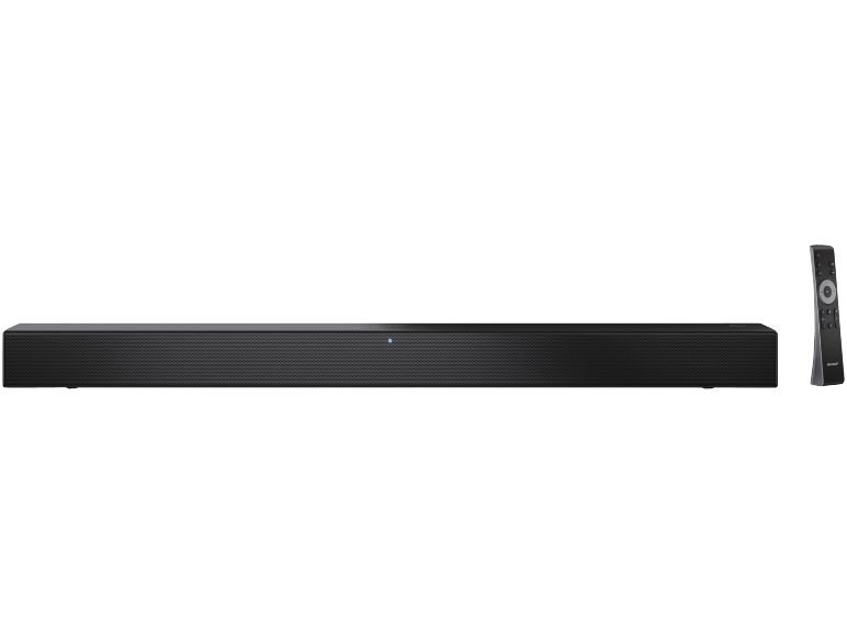 Schwarze Soundbar mit Fernbedienung auf schwarzem Hintergrund