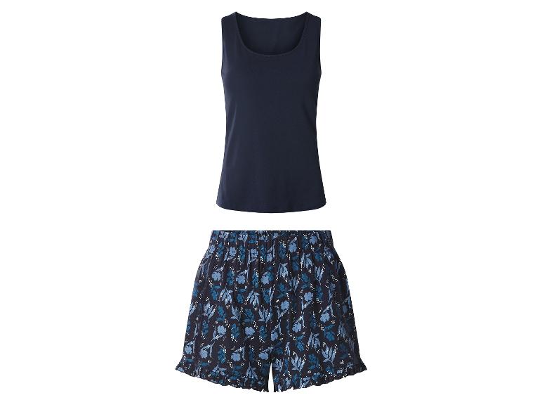 Damen-Pyjama-Set mit marineblauem Tanktop und gemusterten Shorts.