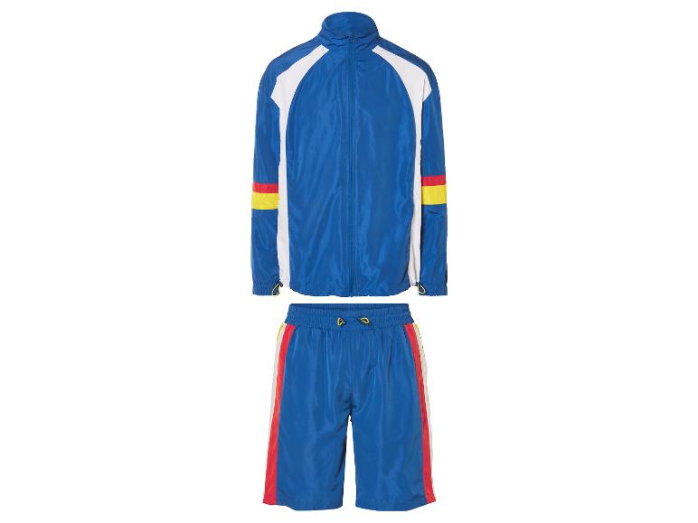 Blauer Trainingsanzug mit Jacke und Shorts, Retro-Stil.