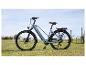Hellblaues Elektro-Citybike auf grünem Gras unter klarem Himmel.