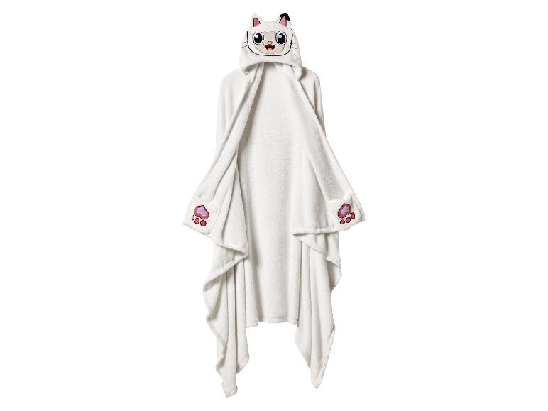 Weiße Decke mit Katzenkapuze und rosa Pfoten.