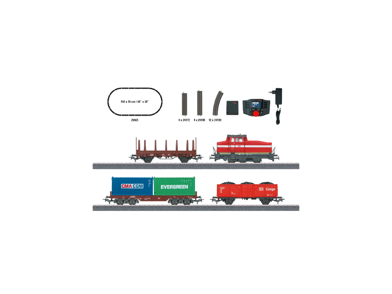 Modelleisenbahn-Set mit Lokomotive, Waggons, Gleisen und Steuereinheit.