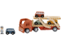 Holzspielzeug: ein Autotransporter mit vier kleinen Autos und einer Figur.