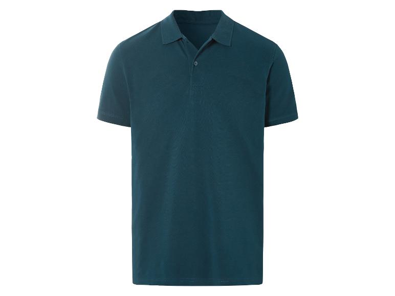 Dunkelblaues Poloshirt mit kurzen Ärmeln.