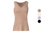 Ein beiges Tanktop mit V-Ausschnitt und Spitzendetail.
