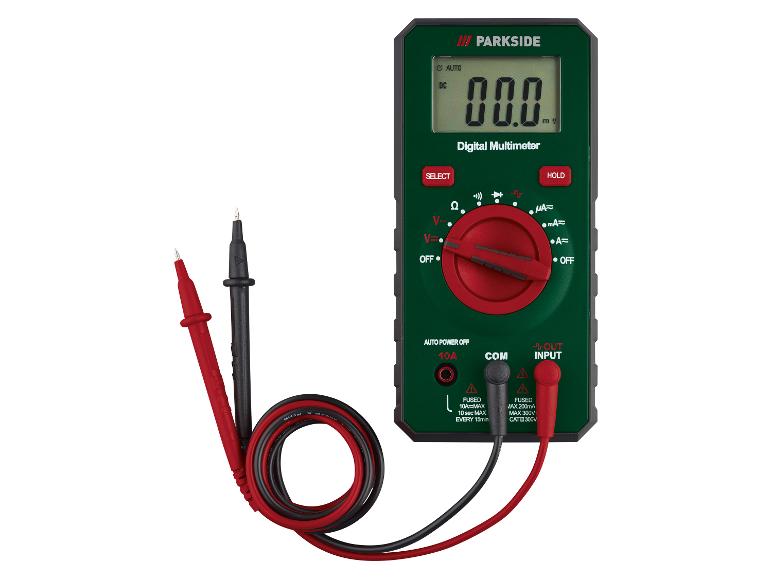 Ein grünes Digital-Multimeter von Parkside mit roten und schwarzen Messleitungen.