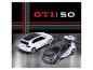 Zwei Spielzeugauto-Modelle auf einem Hintergrund mit dem Text „GTI | 50“ in Rot und Weiß.