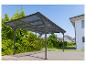 Graues Carport mit transparentem Dach auf gepflasterter Einfahrt neben grüner Hecke und Haus.