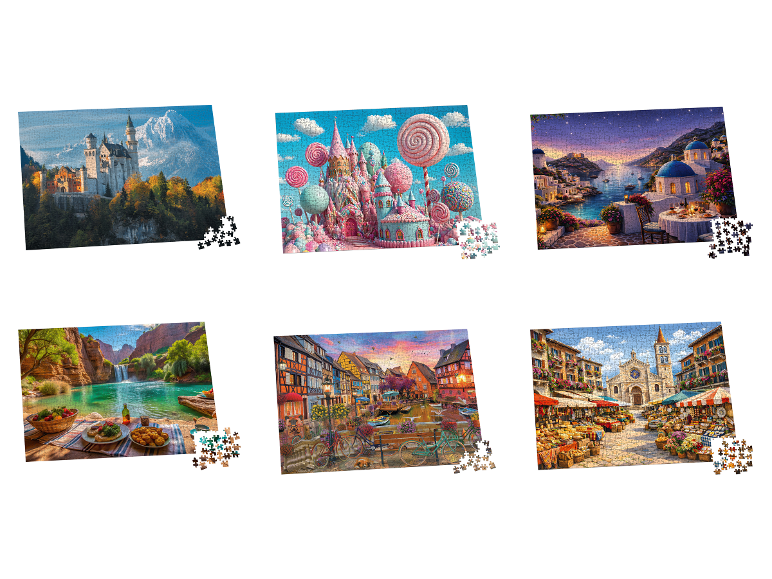LUPILU® Kinderpuzzle mit verschiedenen Motiven wie Schlössern, Canyons und Städten.