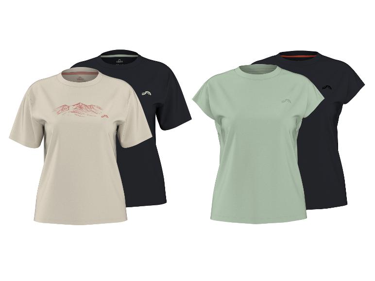 Zwei Paar kurzärmelige T-Shirts, eines beige mit Berggrafik, das andere hellgrün.