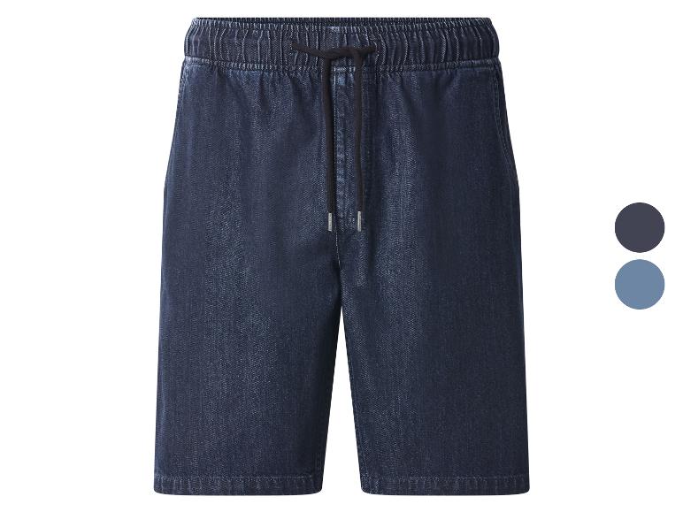 Herren-Denim-Shorts mit elastischem Bund und Kordelzug, erhältlich in Dunkelblau und Hellblau.