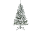 Künstlicher, beschneiter Weihnachtsbaum mit grünem Ständer.