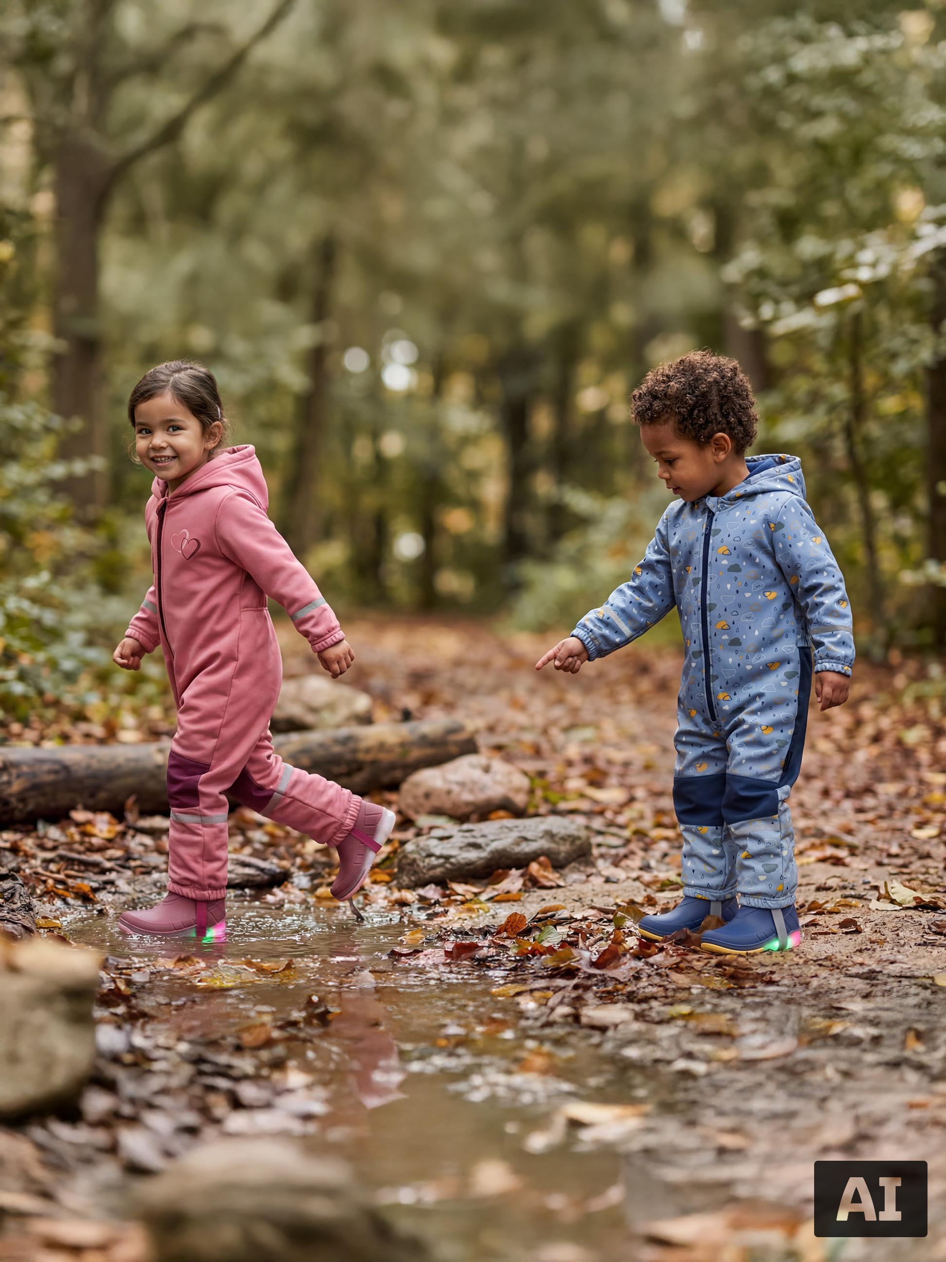 Zwei Kinder in Regenanzügen und leuchtenden Stiefeln spielen in einer Pfütze.