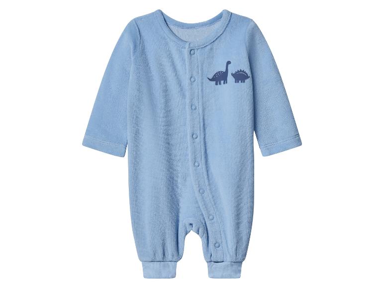 Blauer Baby-Strampler mit Dinosaurier-Print und Druckknopfverschluss.