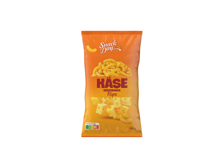 Käse-Flips-Verpackung mit dem Text „Käse Geschmack Flips“ und Nutri-Score D.
