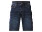 Dunkelblaue Jeans-Shorts mit orangefarbenen Nähten und Metalldetails.