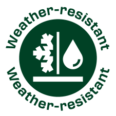 Grünes wetterbeständiges Siegel mit Schnee- und Wassertropfen-Symbolen.