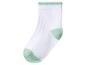 Weiße Socke mit hellgrüner Ferse, Spitze und Bündchen.