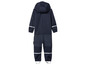 Ein dunkelblauer Regenoverall mit Kapuze für Kinder.