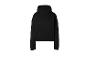 Schwarzer Kapuzenpullover mit langen Ärmeln und elastischem Saum.