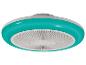Runder Deckenventilator mit integriertem Licht, mit türkisfarbenem Außenring und weißem Gitter.