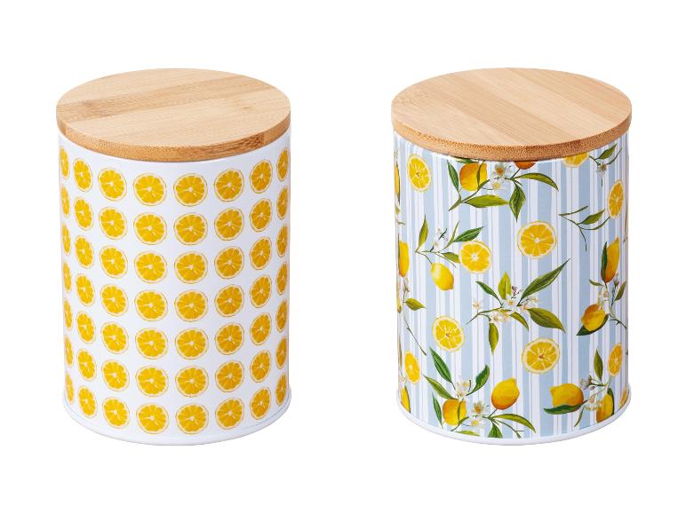 Zwei Metalldosen mit Bambusdeckeln, Zitronenmotiv.