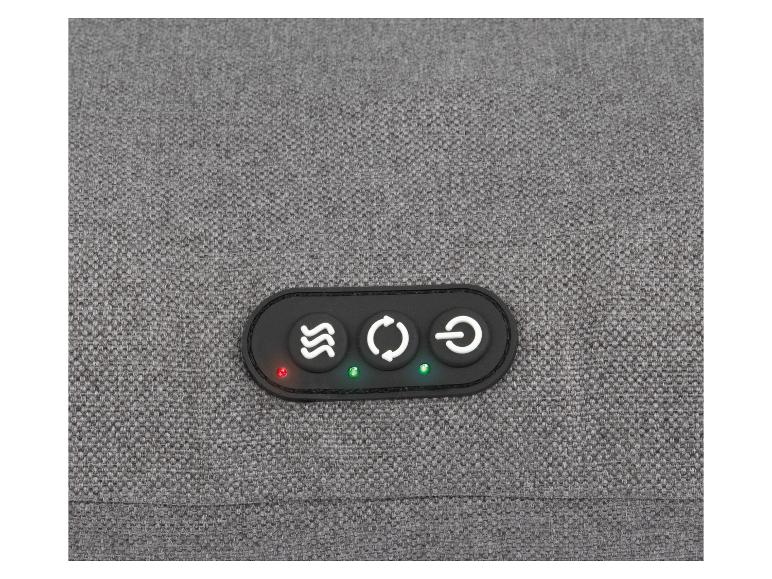 Schwarzes Bedienfeld mit drei Tasten und Kontrollleuchten auf grauem Stoff.