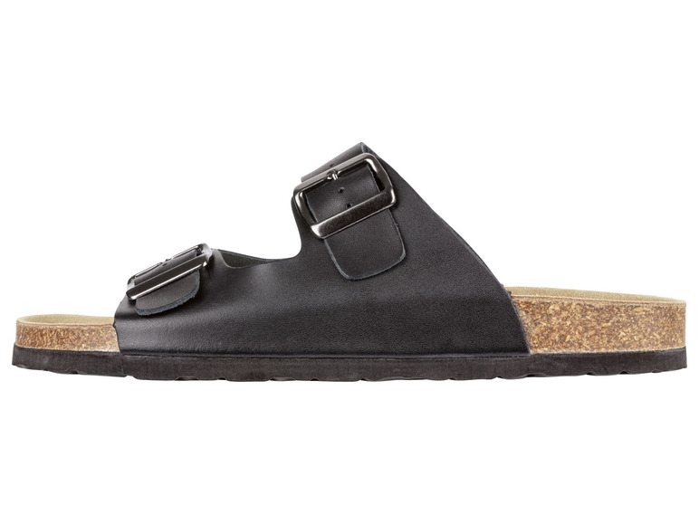 Schwarze Ledersandalen mit Schnallen und Korksohle.