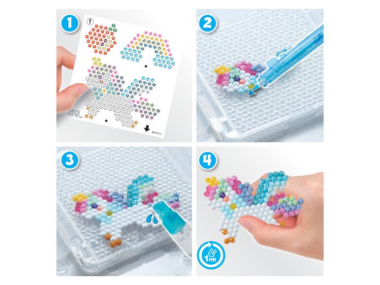 AQUABEADS Designer Handtasche Bastelset: 4-Schritt-Anleitung zur Herstellung eines Einhorns aus Perlen.