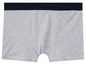 Graue Boxershorts mit einem blauen Bund.