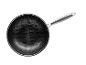 Draufsicht auf einen schwarzen Wok mit Wabenmuster und silbernem Griff.