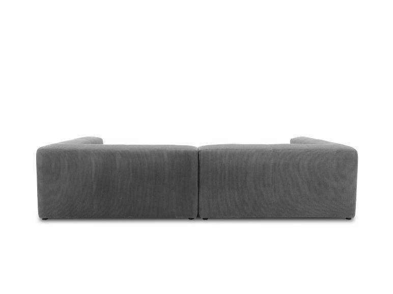 Rückansicht eines zweisitzigen Modulsofas aus grauem Cordstoff.
