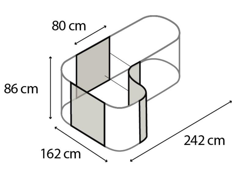 Maße: 86 cm Höhe, 80 cm Breite, 162 cm Tiefe und 242 cm Länge
