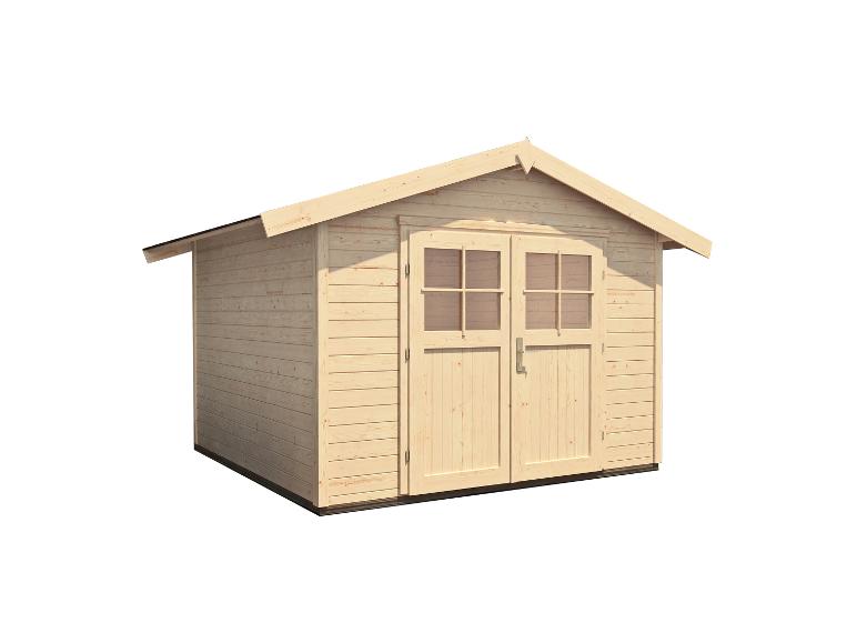 Helles Gartenhaus aus Holz mit Giebeldach und Doppeltüren mit Fenstern.