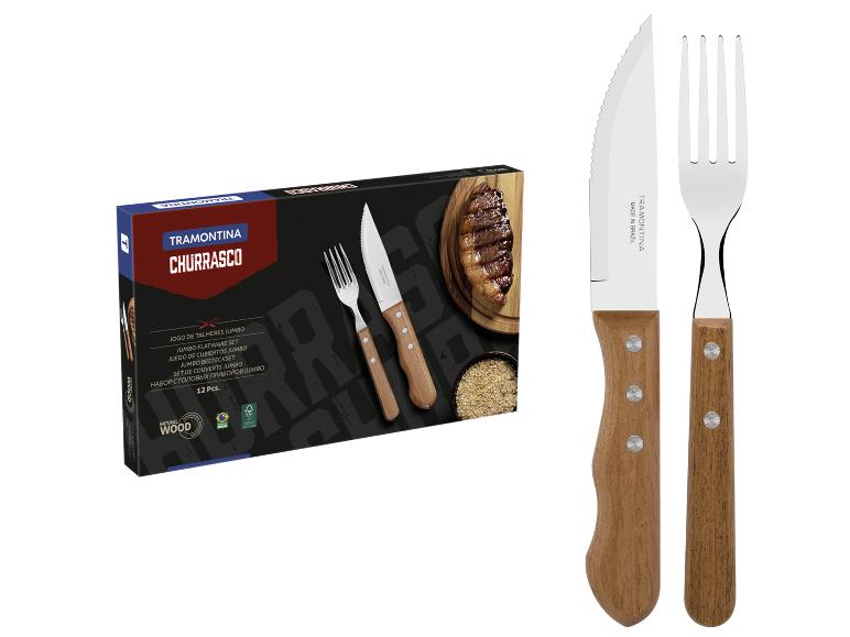 Churrasco Besteckset mit Holzgriffen, bestehend aus Messer und Gabel, zusammen mit der Verpackung.