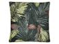 Dunkelgrünes Kissen mit tropischem Blattmuster in Grün-, Rot- und Rosatönen.