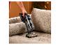 Kabelloser Handstaubsauger reinigt Sofa von Tierhaaren.