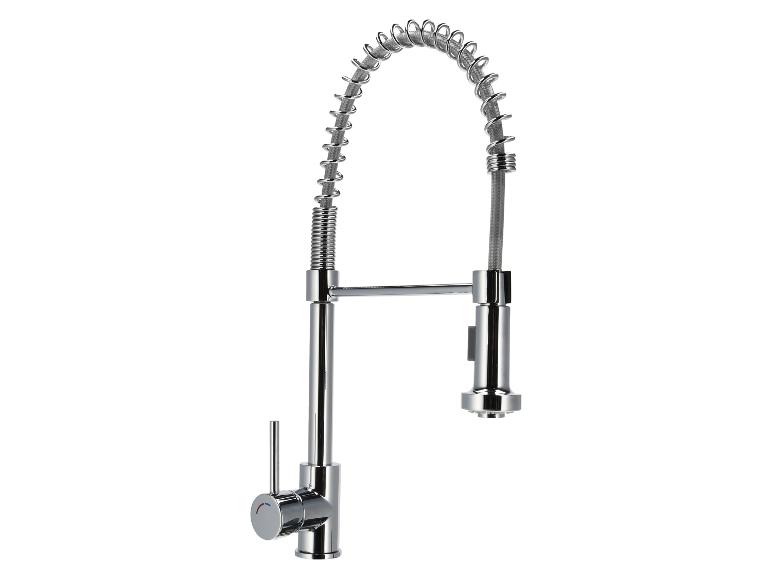 Verchromter Küchenarmatur mit Spiralauslauf und ausziehbarer Brause.