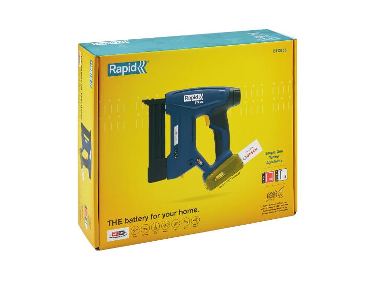 RAPID 18 V Akkutacker BTX553 in Verpackung, mit dem Text „THE battery for your home“.
