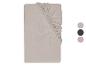 Graues Spannbettlaken mit Gummizug, mit drei Farbmustern auf der rechten Seite.