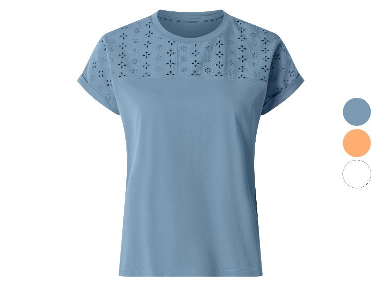 Blaues Damen-T-Shirt mit gestickten Details an Schultern und Ärmeln.
